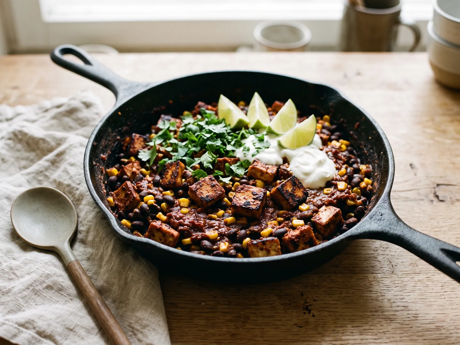 Chipotle-Pfanne mit Räuchertofu, schwarzen Bohnen und Mais in einer schweren gusseisernen Pfanne, von schräg oben auf hellem Eichenholz fotografiert. Im Bild: Koriander, griechischer Joghurt, Limette.