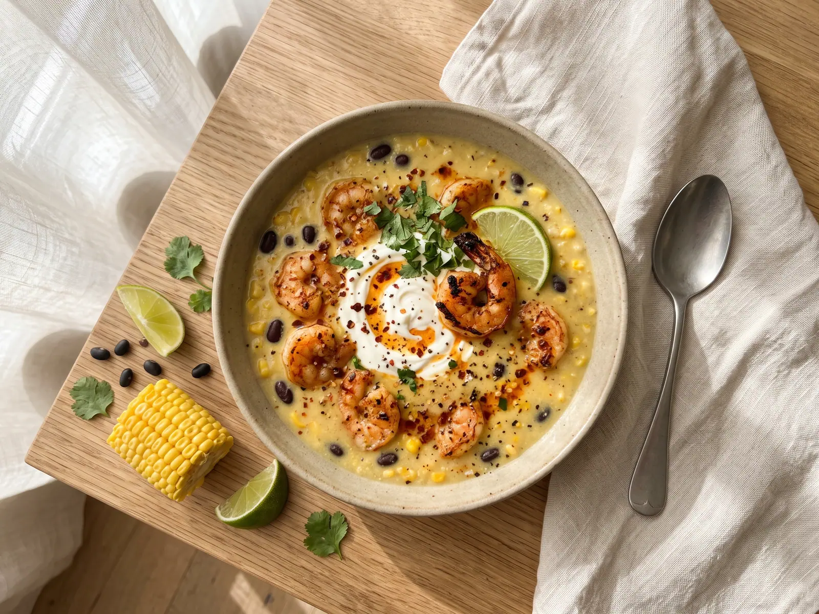 Cremige Maissuppe mit scharfen Garnelen und Limettenjoghurt in einer tiefen Schale aus mattem Steingut, von oben auf hellem Eichenholz fotografiert. Im Bild: Koriander, Griechischer Joghurt, Limette.