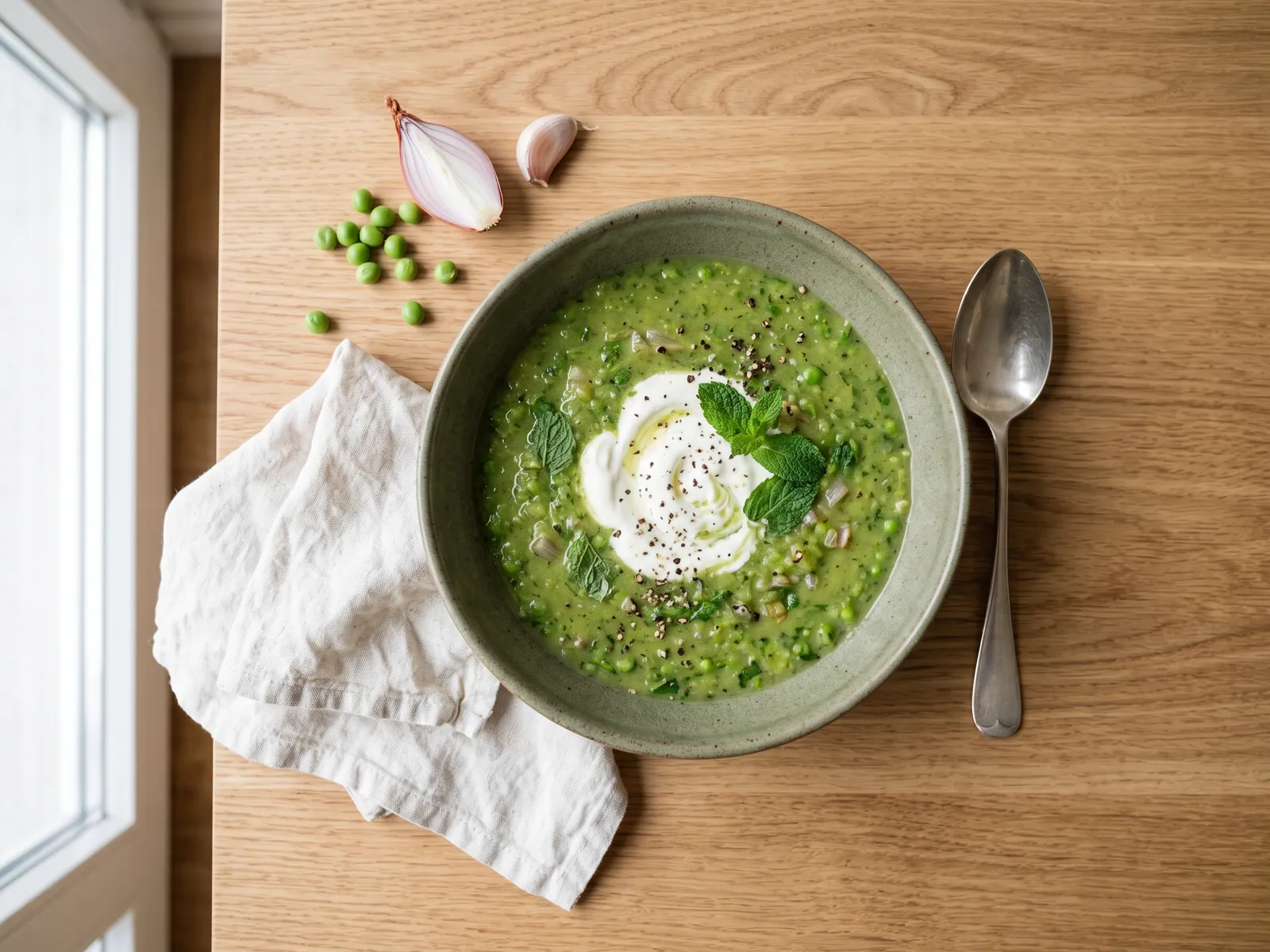 Grüne Erbsensuppe mit Minze in einer tiefen Schale aus mattem Steingut, von oben auf hellem Eichenholz fotografiert. Im Bild: frische Minze, Crème fraîche.