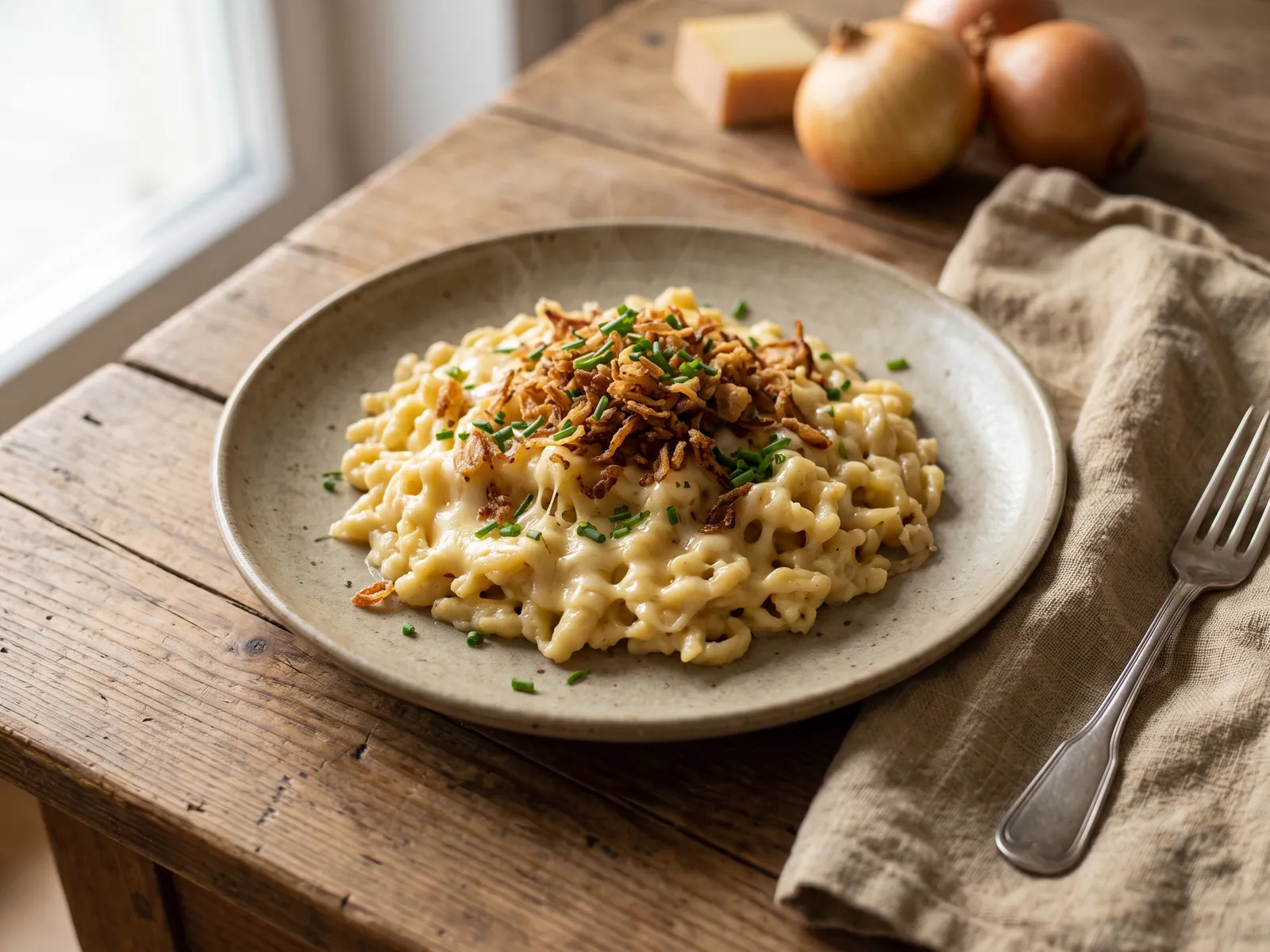 Käsespätzle mit Röstzwiebeln auf einem schlichten Steingutteller, von schräg oben auf warm nachgedunkeltem Holz fotografiert. Im Bild: Schnittlauch, große Zwiebeln.
