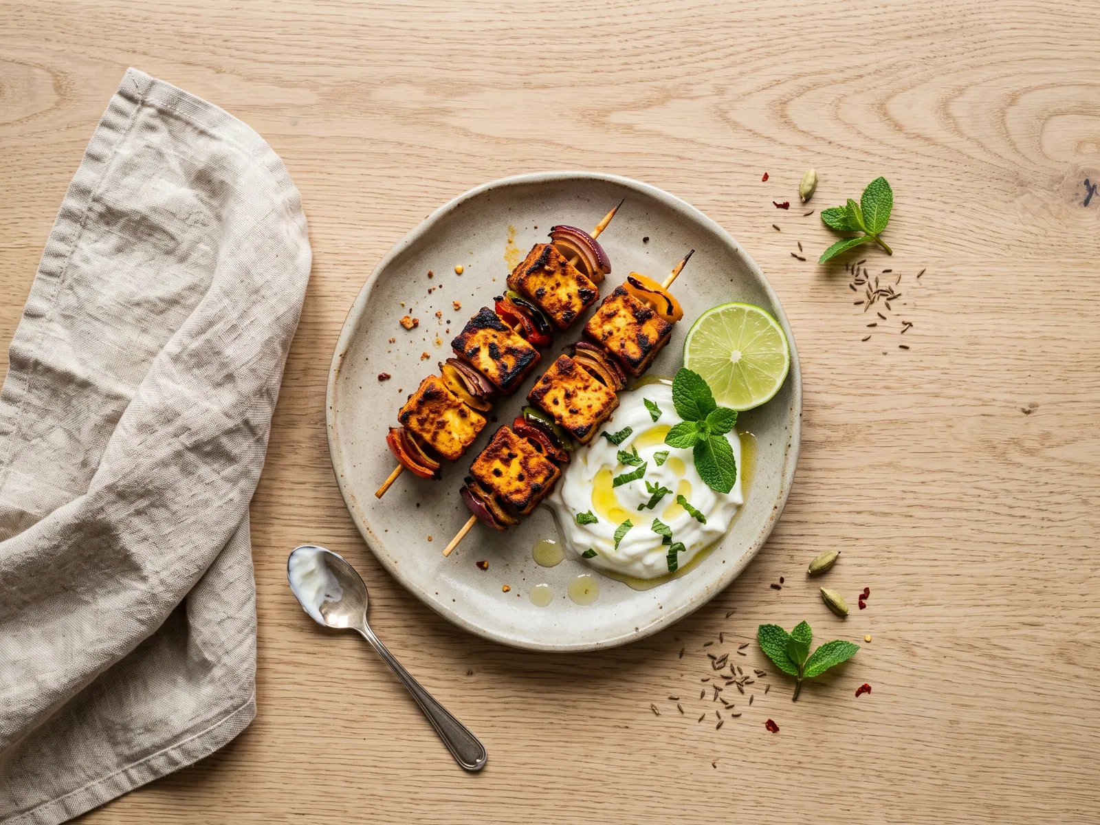 Paneer-Tikka-Spieße mit Minz-Joghurt auf einem kleinen Steingutteller, von oben auf hellem Eichenholz fotografiert. Im Bild: Minze, Griechischer Joghurt, Limette.