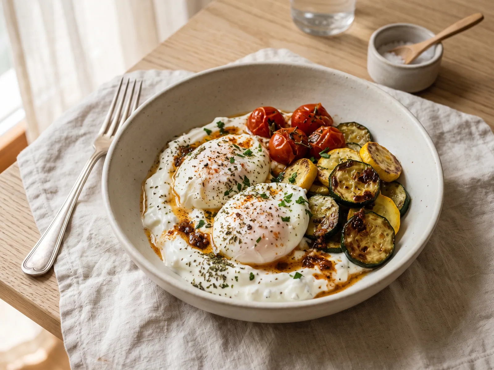 Pochierte Eier auf Knoblauch-Joghurt mit gebratener Zucchini in einer flachen Schale aus mattem Steingut, von schräg oben auf hellem Eichenholz fotografiert. Im Bild: Getrocknete Minze, Petersilie, Griechischer Joghurt.