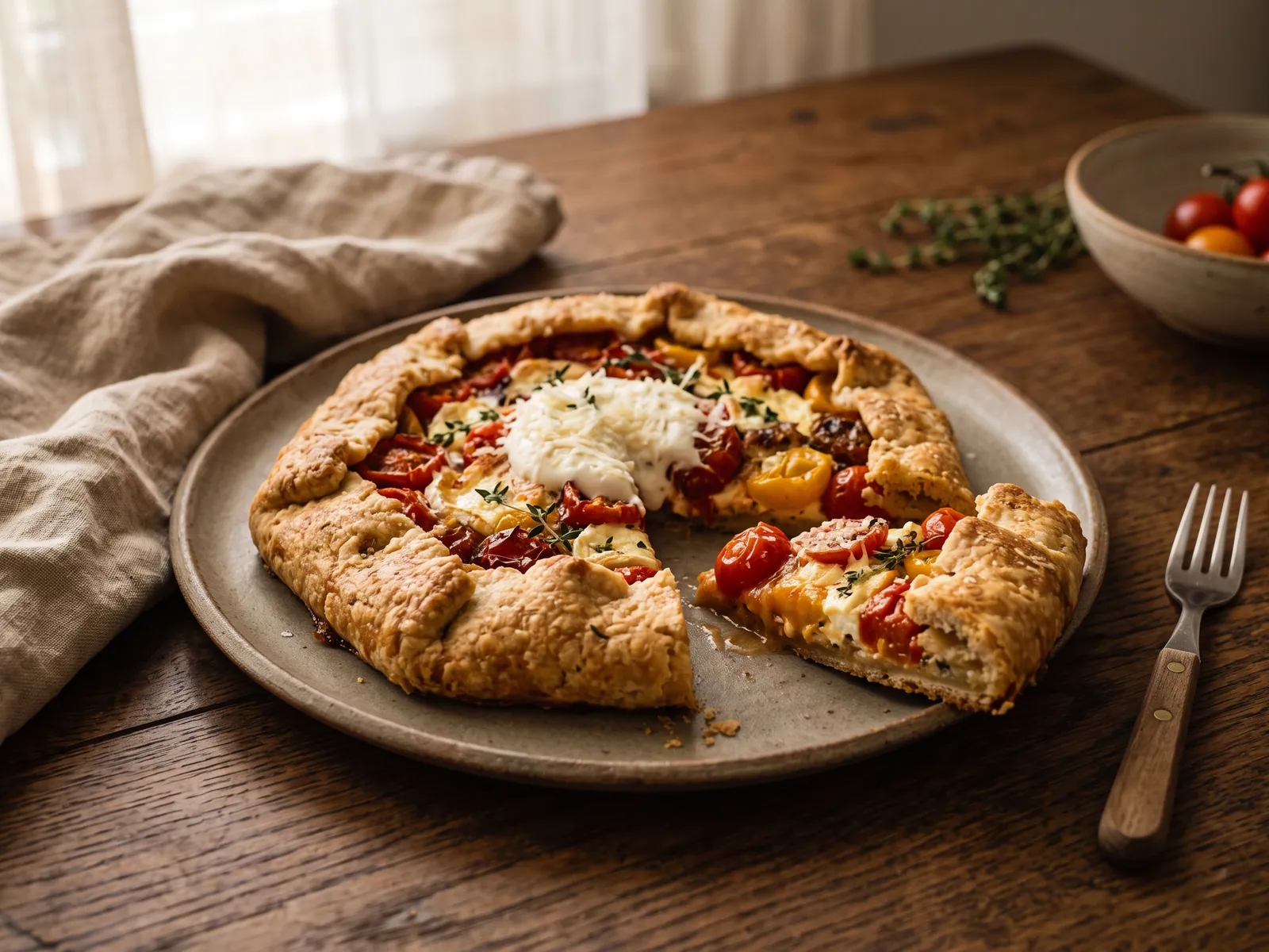 Tomaten-Galette mit Ziegenkäse und Thymian auf einer schlichten Kuchenplatte, von der Seite auf warm nachgedunkeltem Holz fotografiert. Im Bild: Thymian, Crème fraîche, Parmesan.